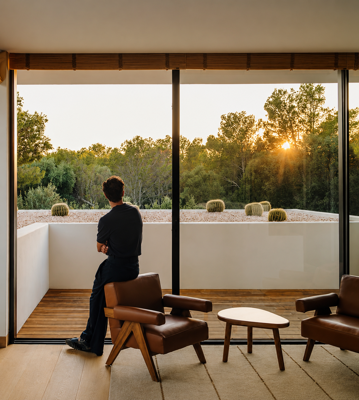 A man looking out from a terrace at sunset